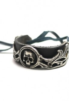 Sterling Silver Skull With Leather Band Cuff by Perry Gargano